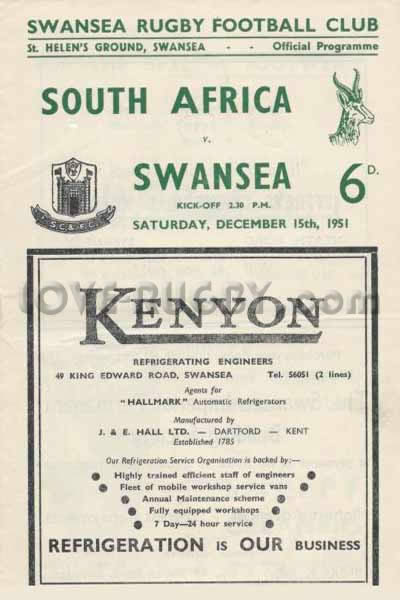 1951 Swansea v South Africa  Rugby Programme